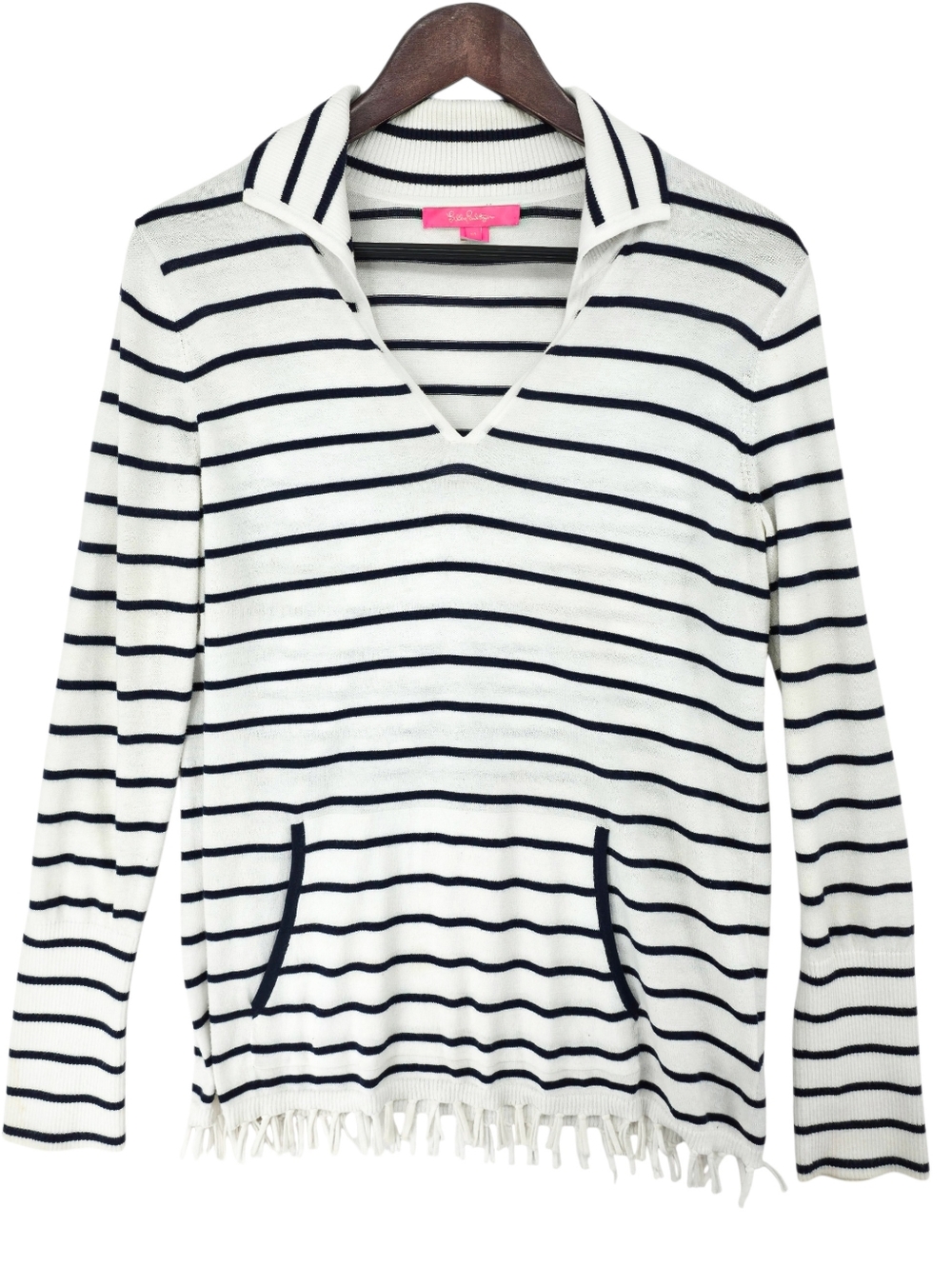 Lilly Pulitzer Coastal Striped Sweater Fringe Hem Navy White Coastal Medium
